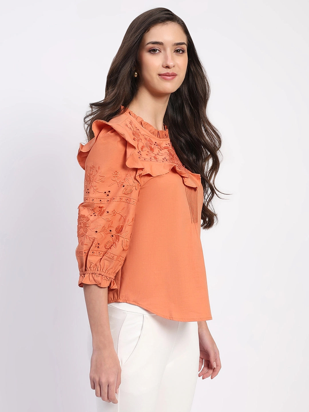 Rust Embroidered Cotton Blouson Top - Global Republic