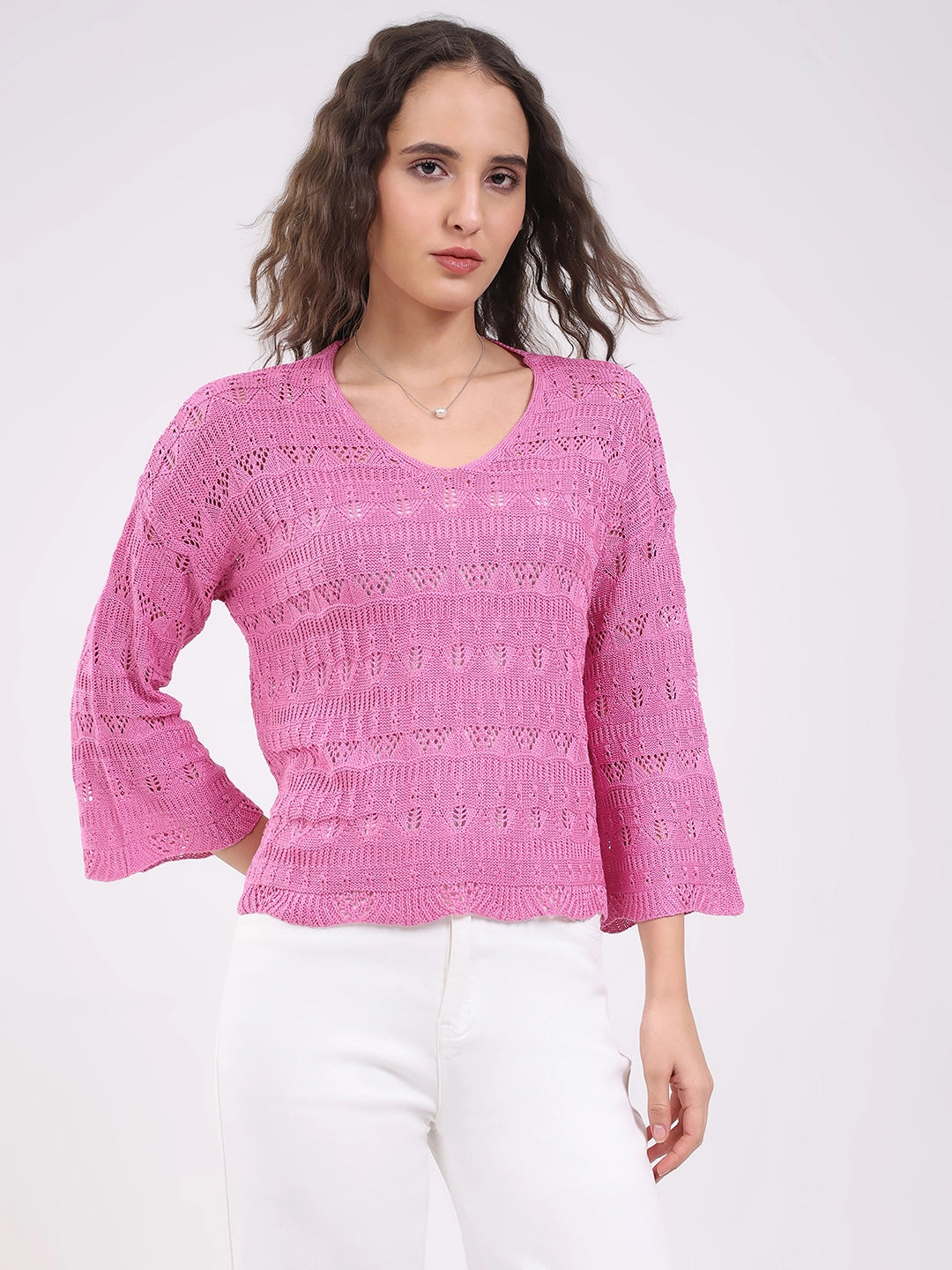 Pink Crochet Bell Sleeve Top - Global Republic
