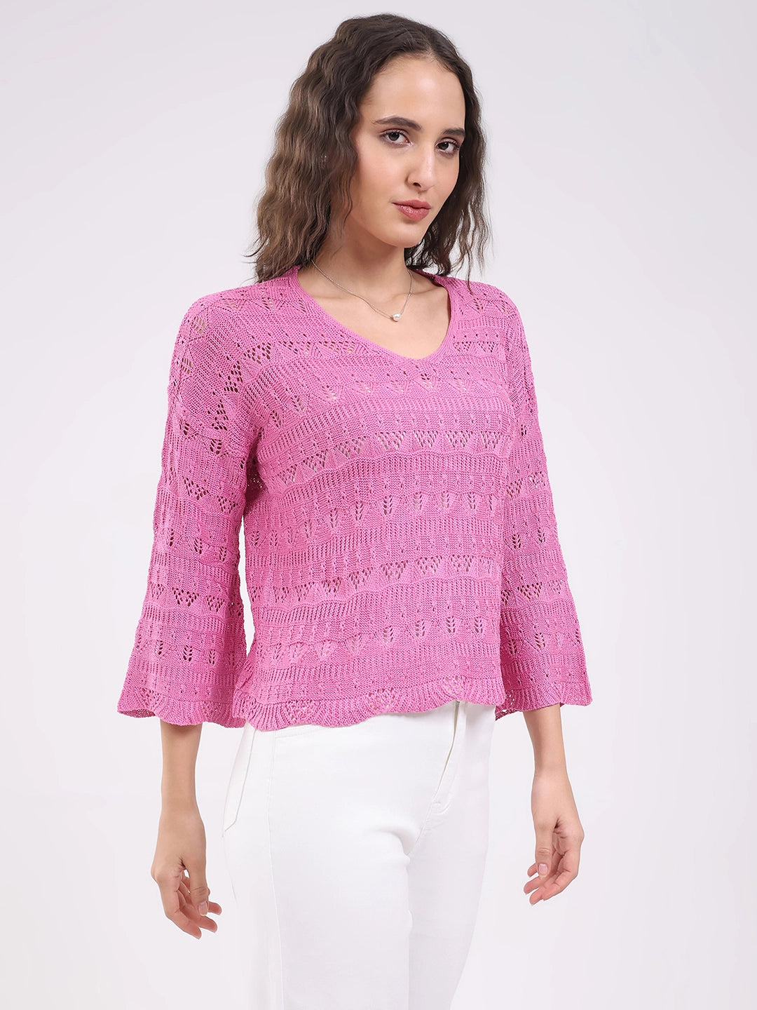 Pink Crochet Bell Sleeve Top - Global Republic