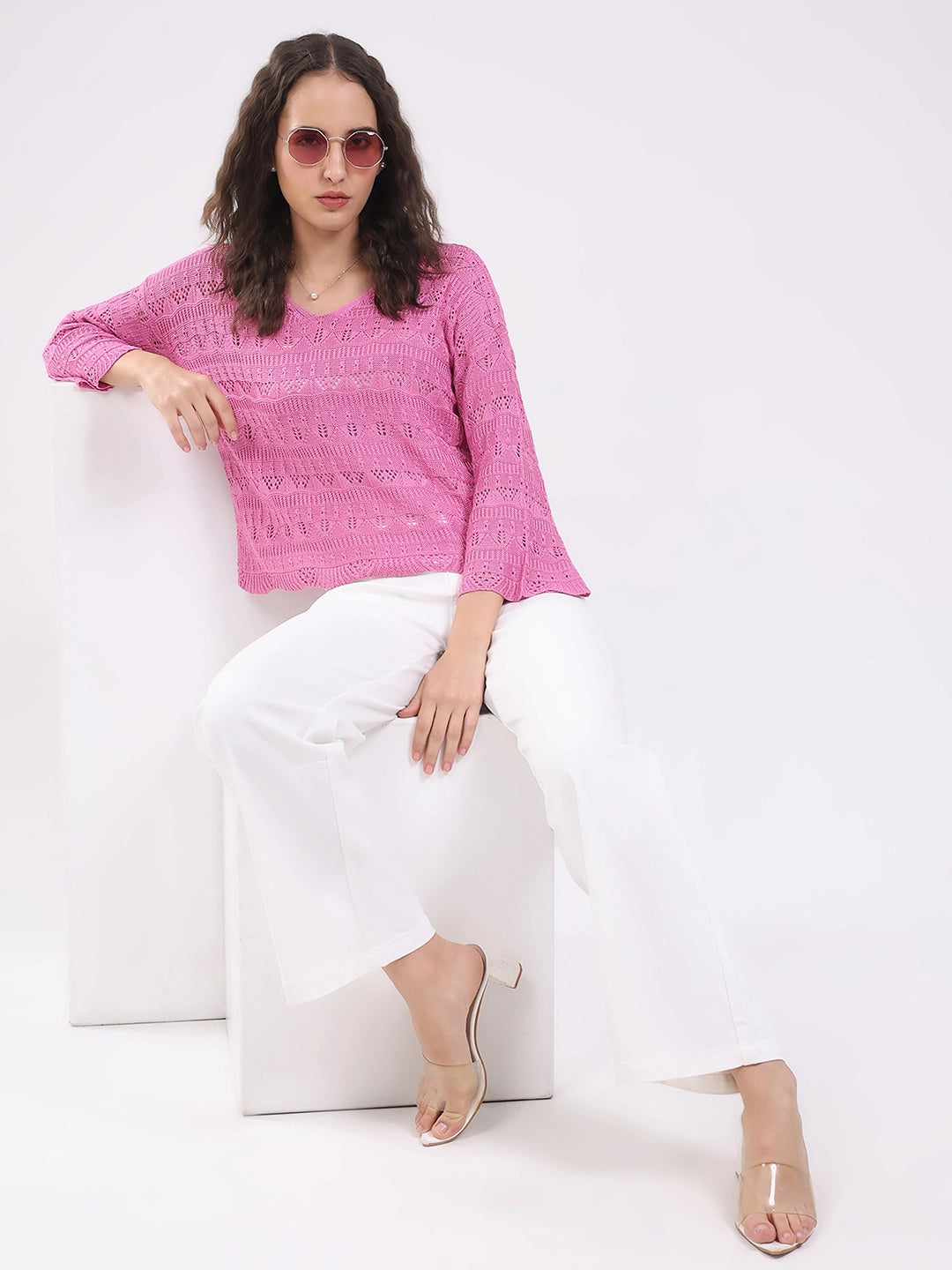 Pink Crochet Bell Sleeve Top - Global Republic