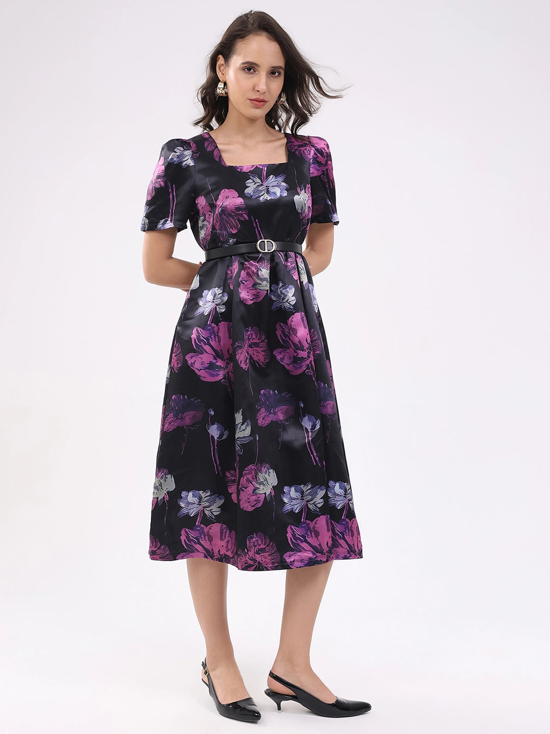 Black Floral Fit & Flare Midi Dress - Global Republic