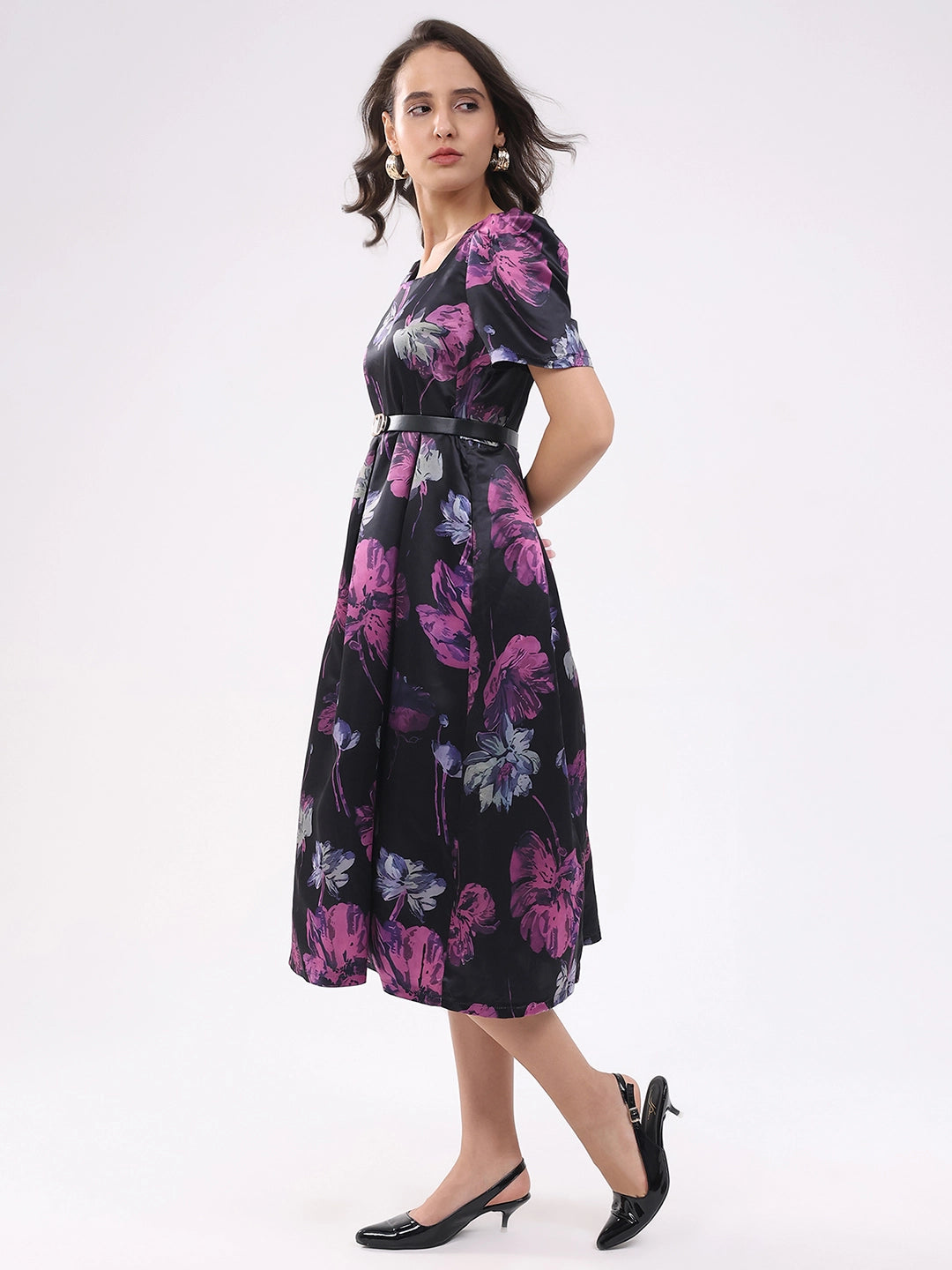Black Floral Fit & Flare Midi Dress - Global Republic