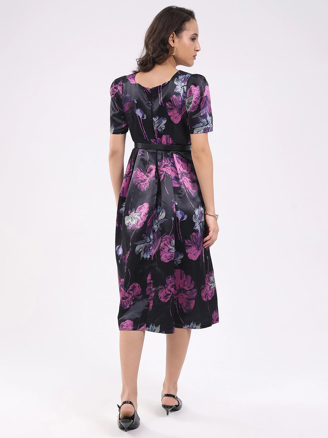 Black Floral Fit & Flare Midi Dress - Global Republic