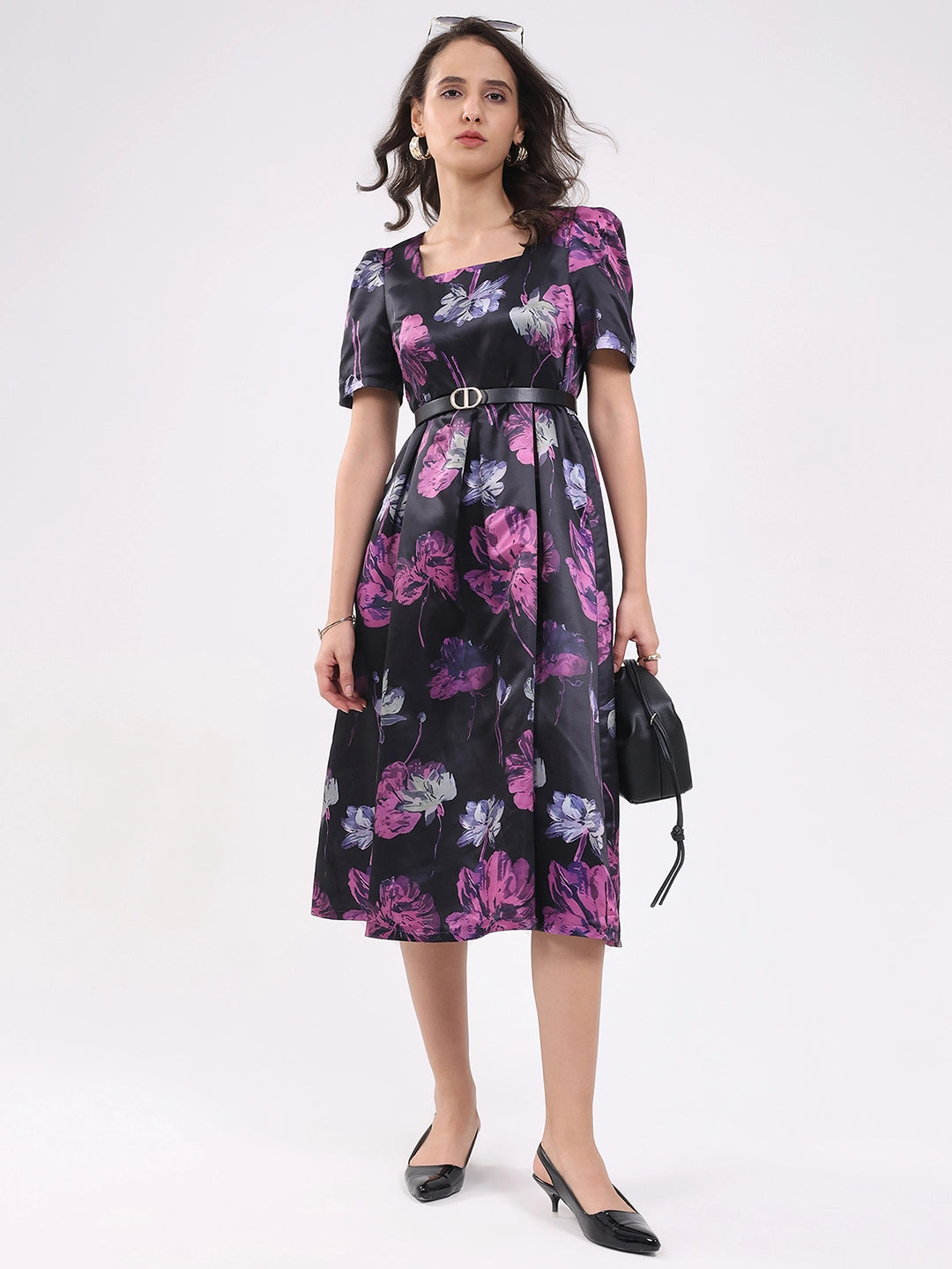 Black Floral Fit & Flare Midi Dress - Global Republic