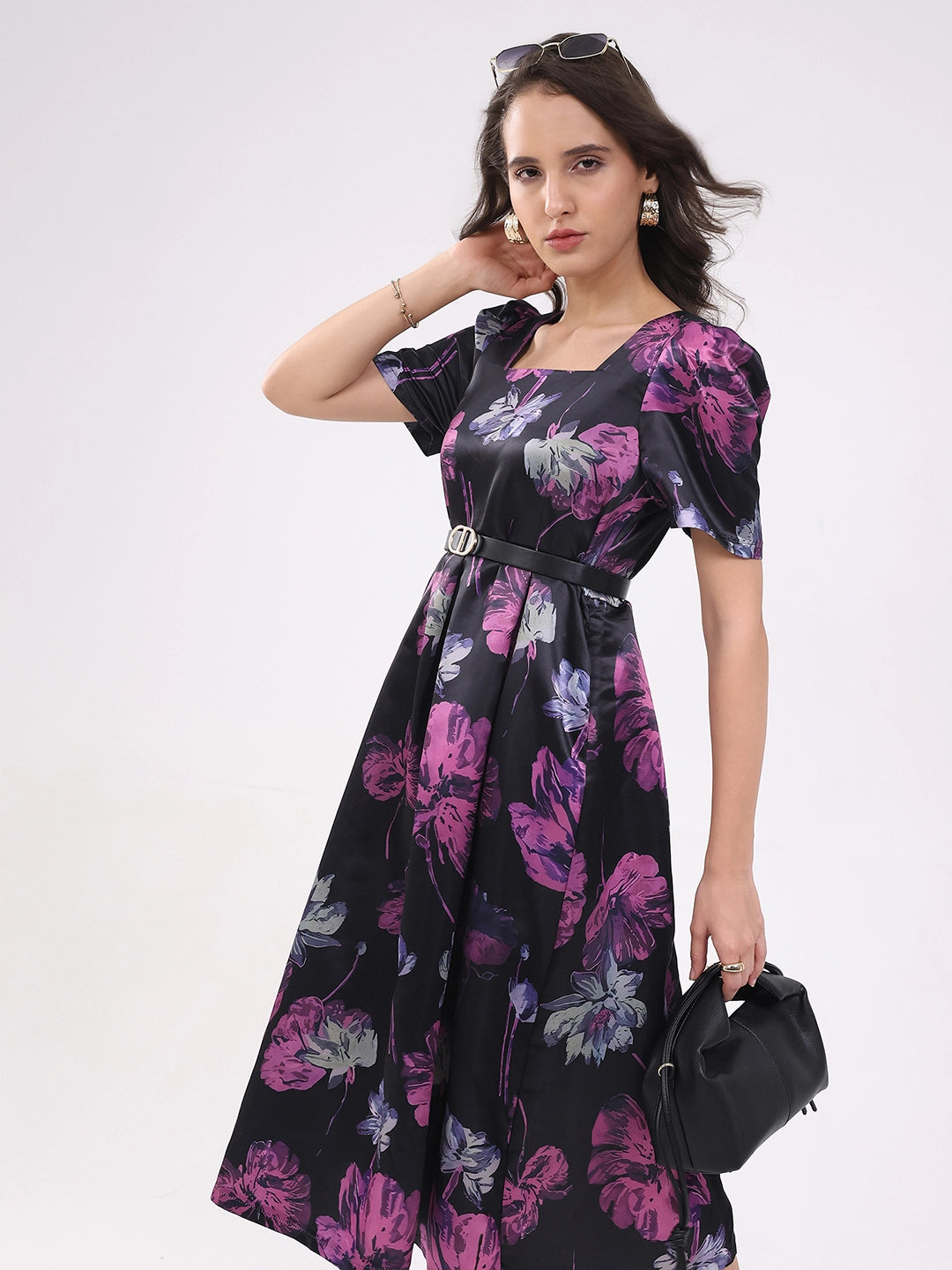 Black Floral Fit & Flare Midi Dress - Global Republic