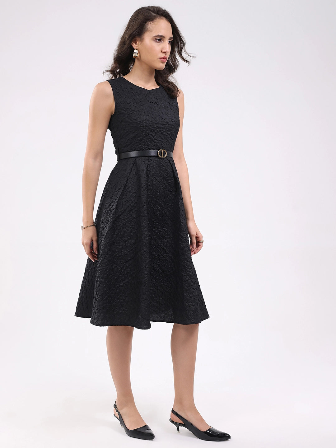 Black Fit & Flare Textured Midi Dress - Global Republic