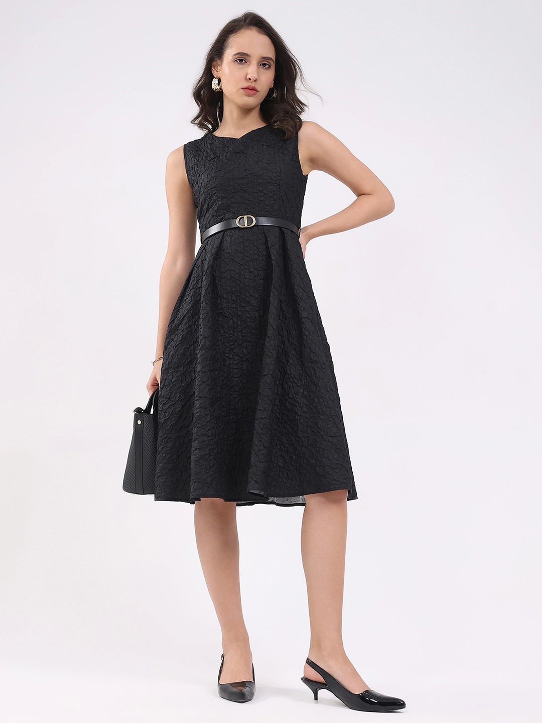 Black Fit & Flare Textured Midi Dress - Global Republic
