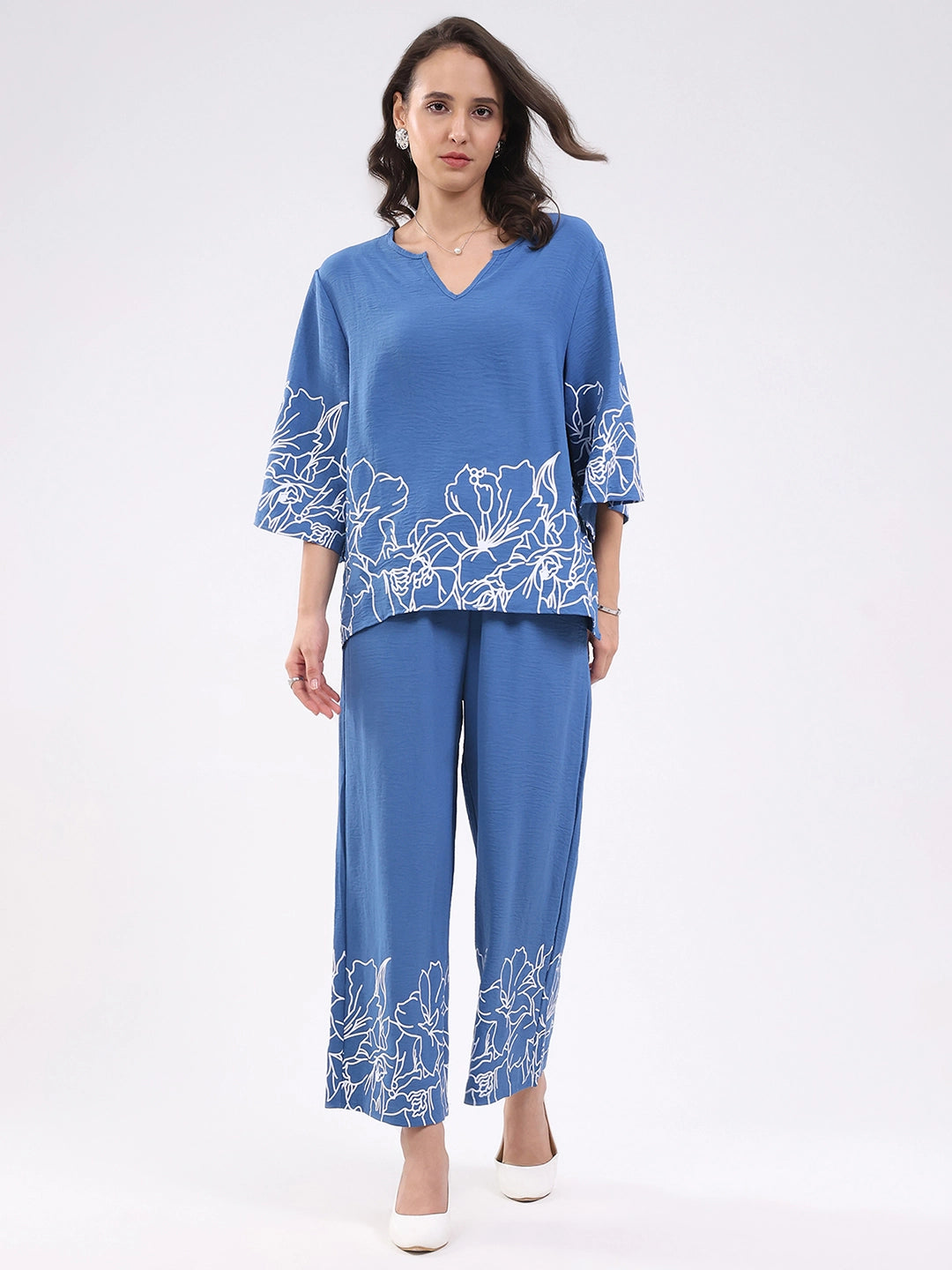 Blue Printed Rayon Blend Loungewear - Global Republic