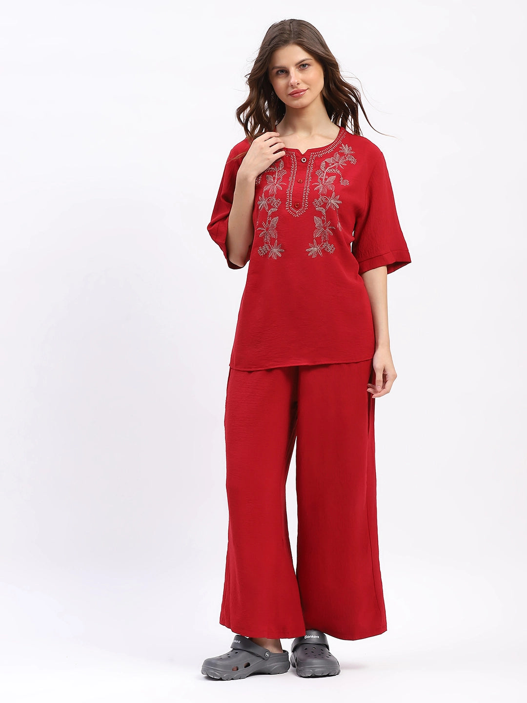Embroidered Yoke Rayon Co-ord Set