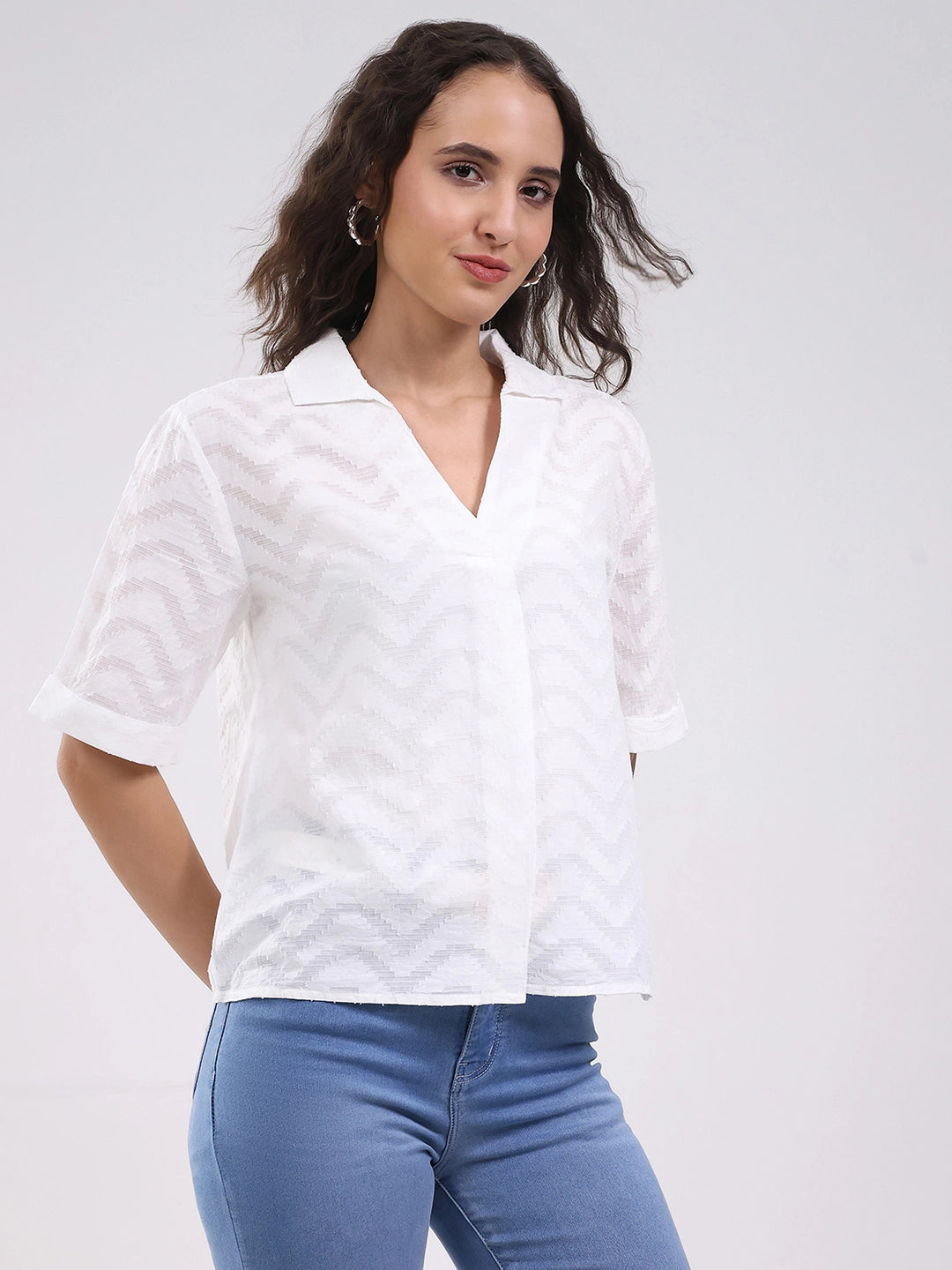 White Blouson Dobby Cotton Top - Global Republic