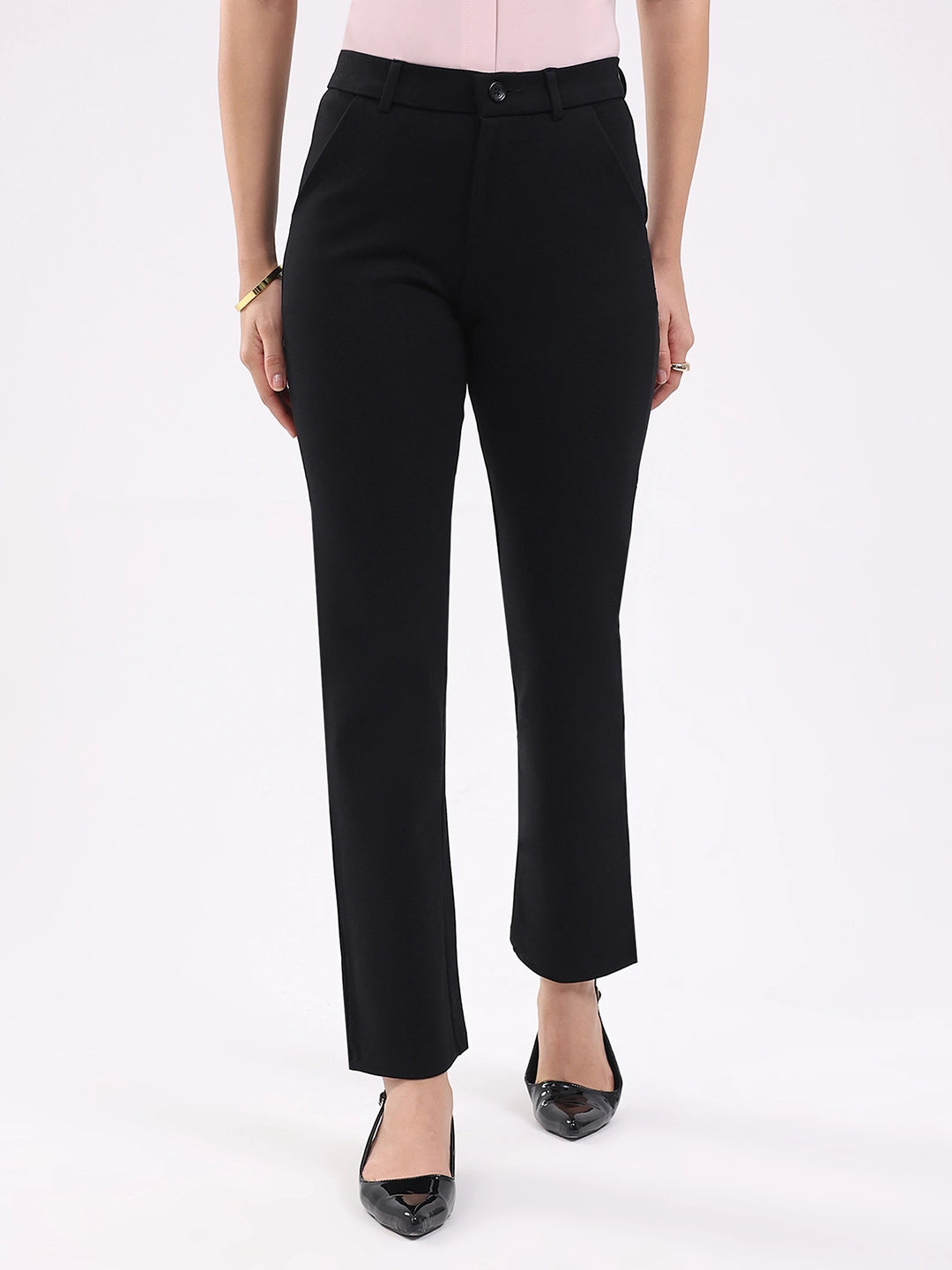 Black Straight Cotton Spandex Trousers - Global Republic