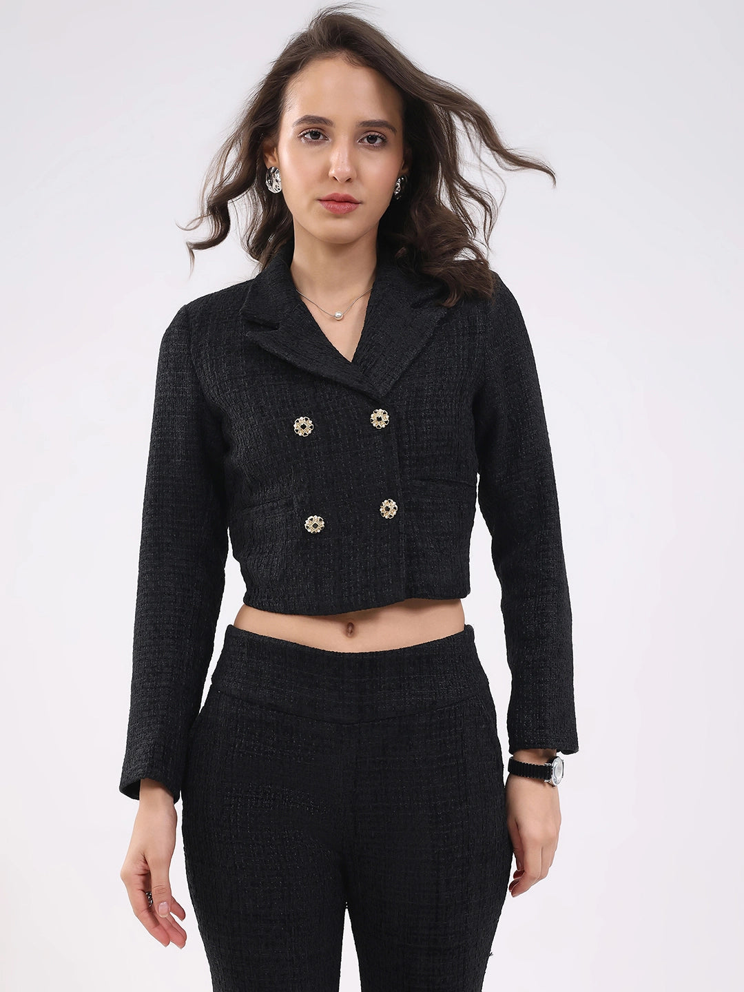 Black Wool Blend Crop Jacket - Global Republic