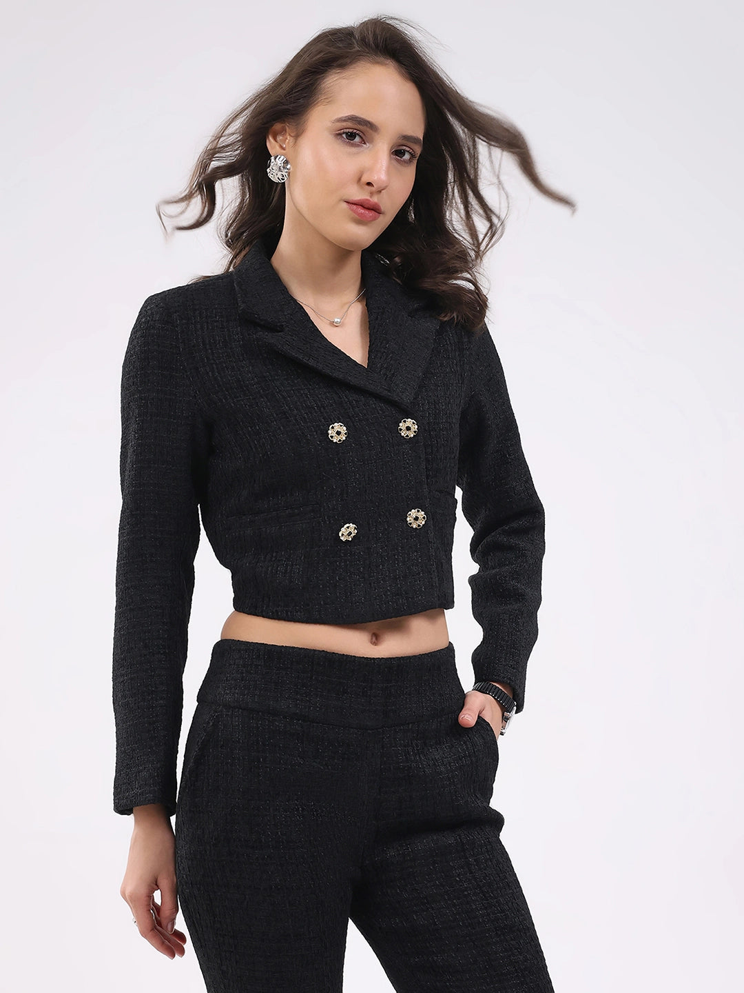 Black Wool Blend Crop Jacket - Global Republic