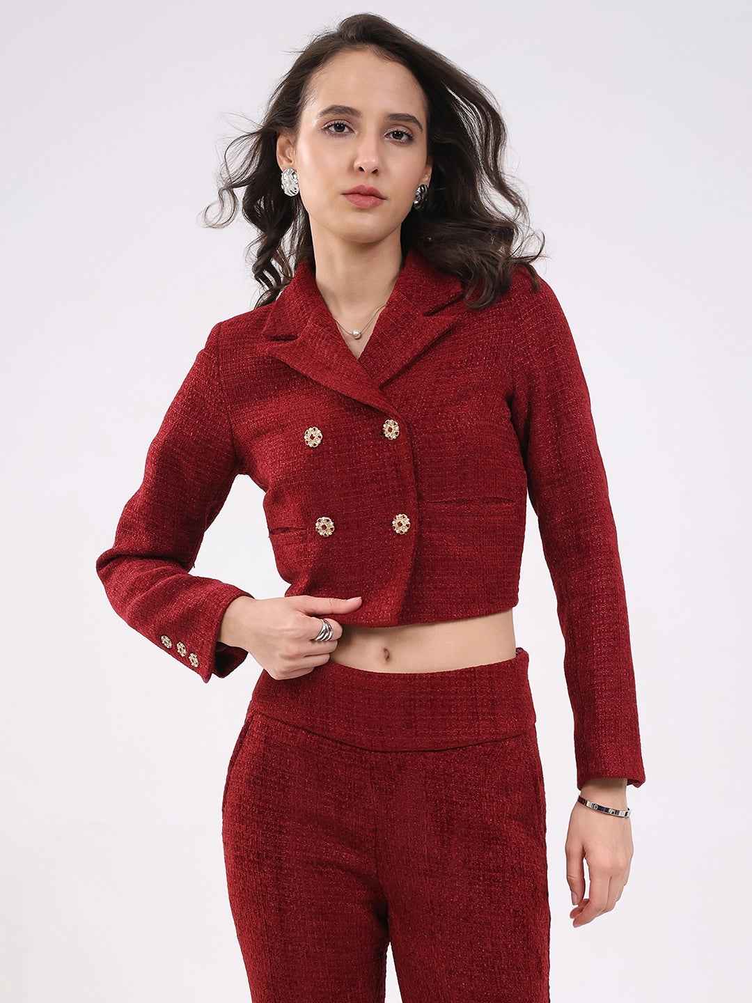 Maroon Wool Blend Crop Jacket - Global Republic