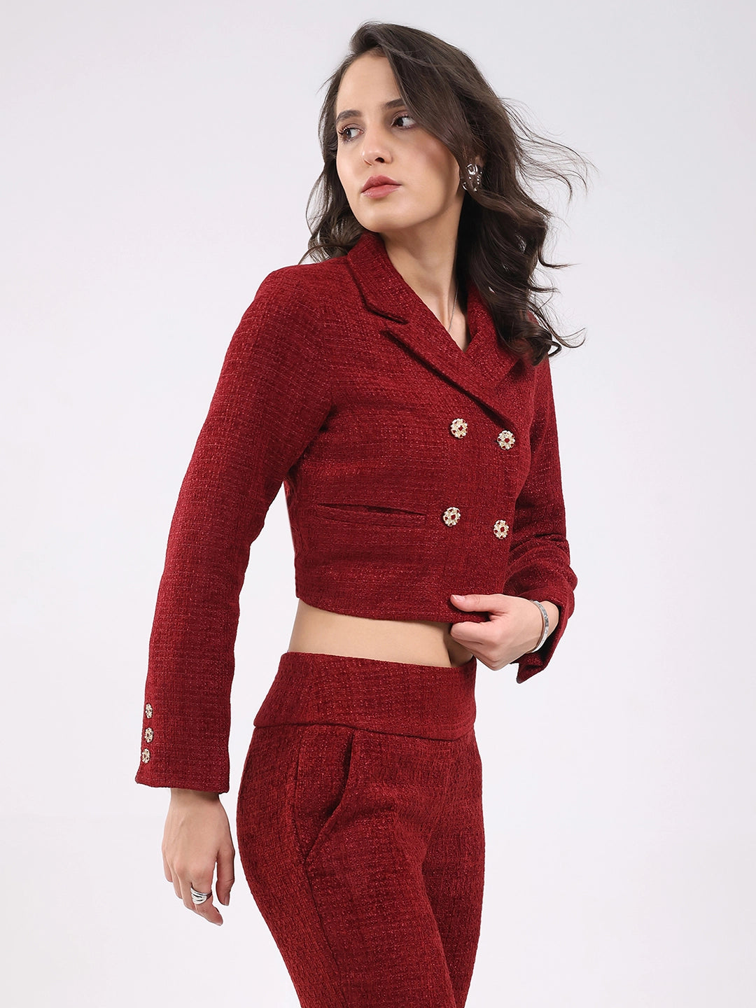 Maroon Wool Blend Crop Jacket - Global Republic