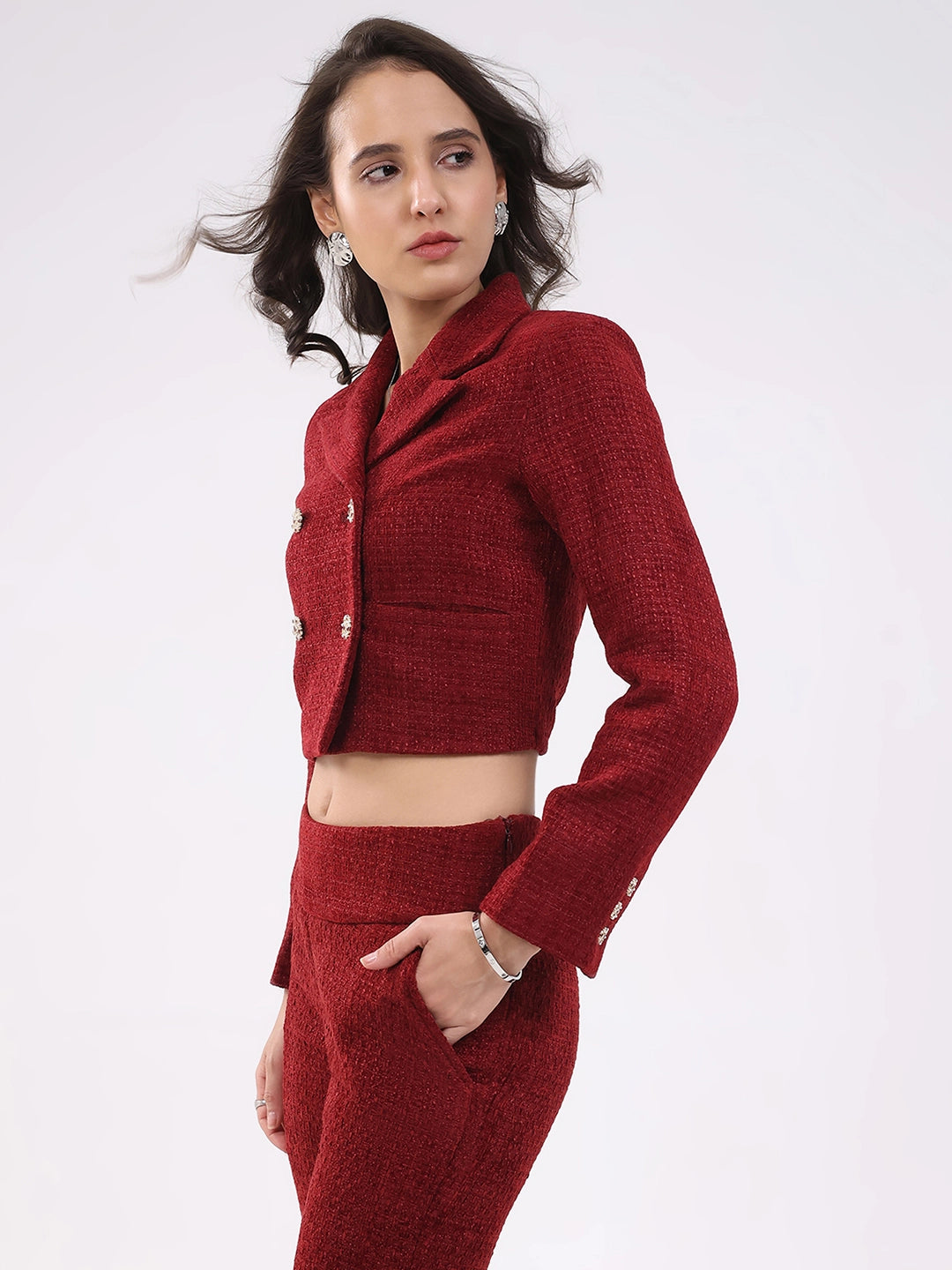 Maroon Wool Blend Crop Jacket - Global Republic