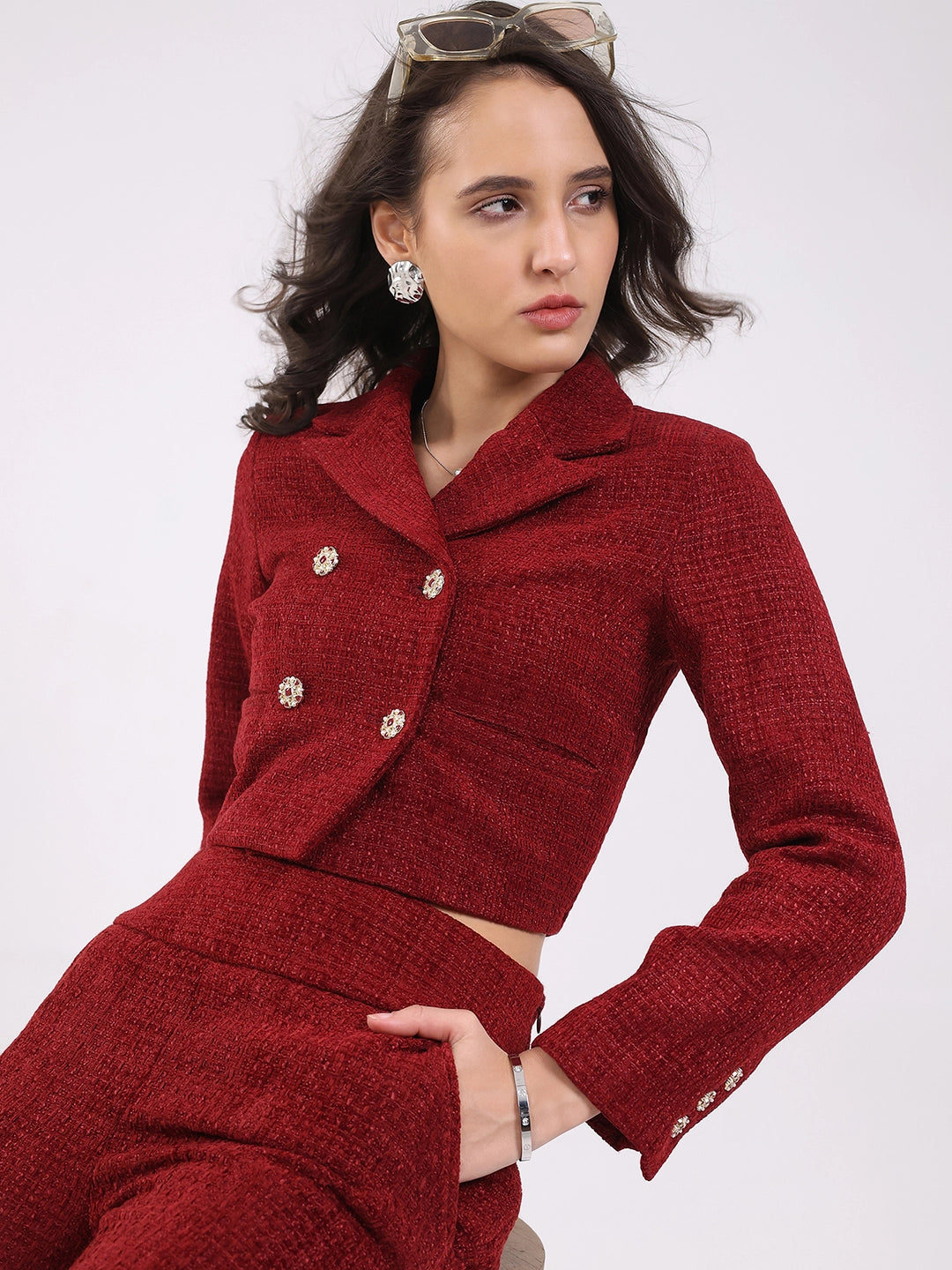 Maroon Wool Blend Crop Jacket - Global Republic