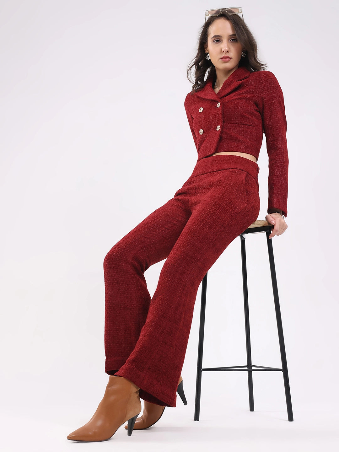 Maroon Wool Blend Crop Jacket - Global Republic