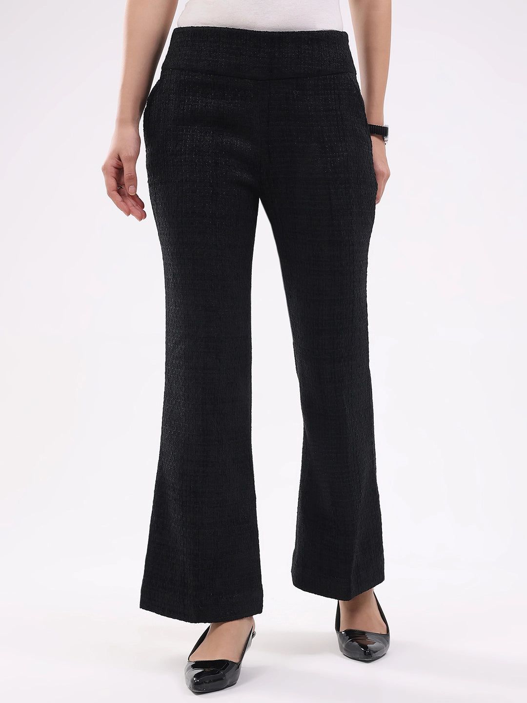 Black Wool Blend Bootcut Trousers - Global Republic