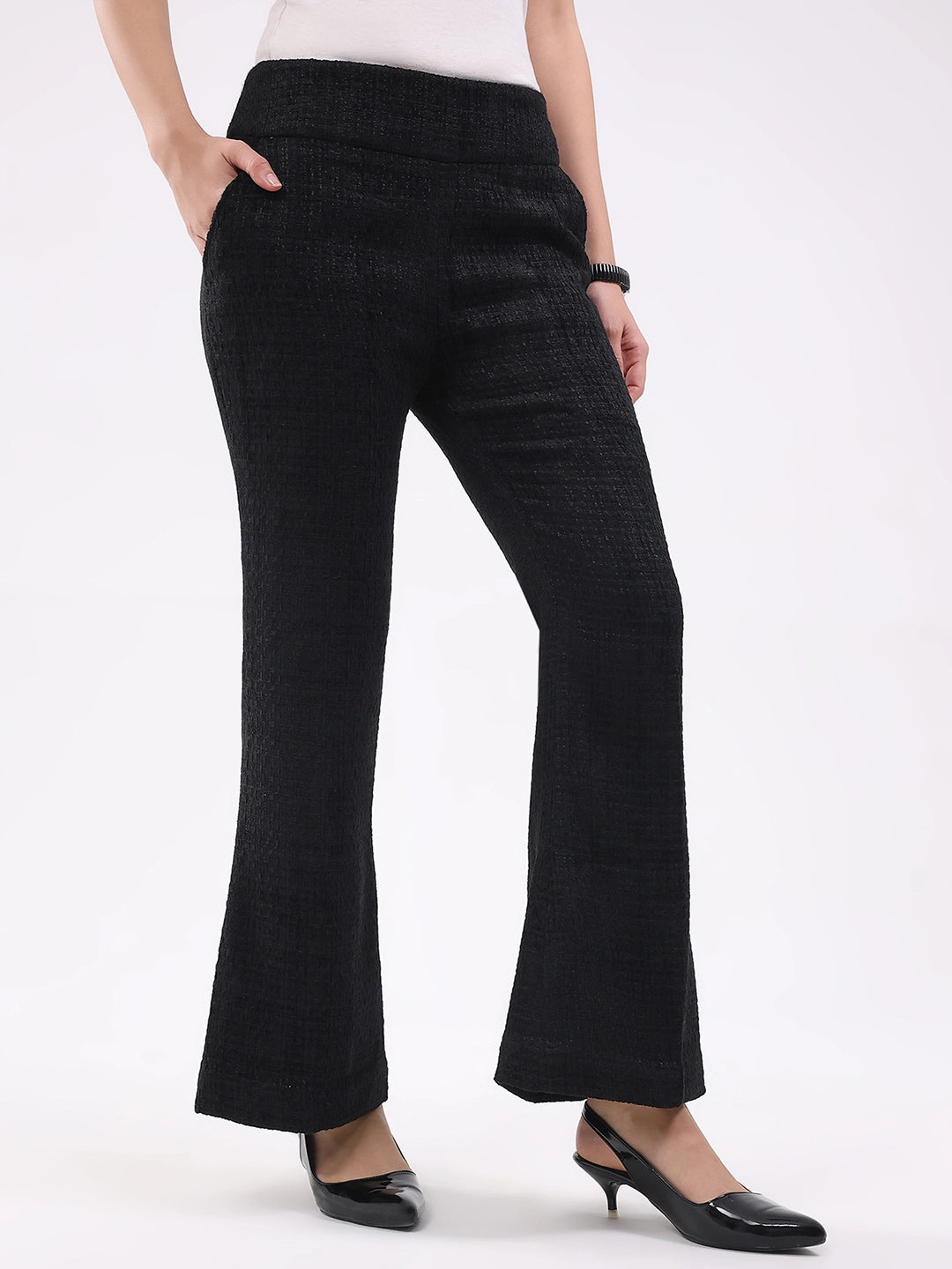 Black Wool Blend Bootcut Trousers - Global Republic