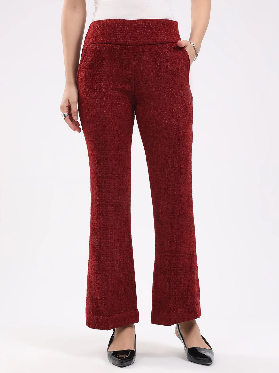 Maroon Wool Blend Bootcut Trousers - Global Republic