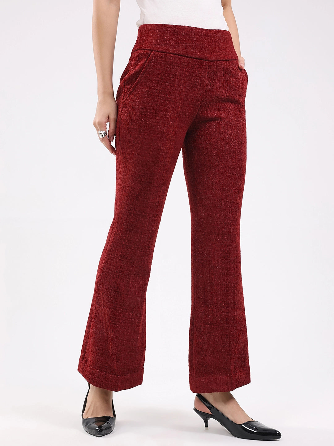 Maroon Wool Blend Bootcut Trousers - Global Republic