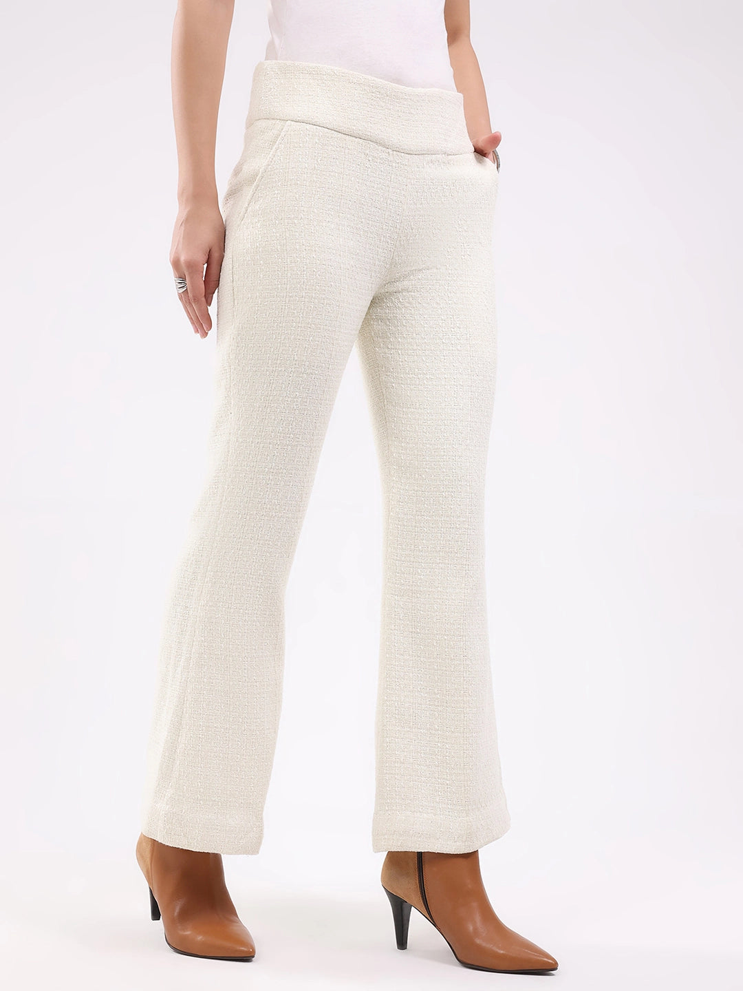 White Wool Blend Bootcut Trousers - Global Republic