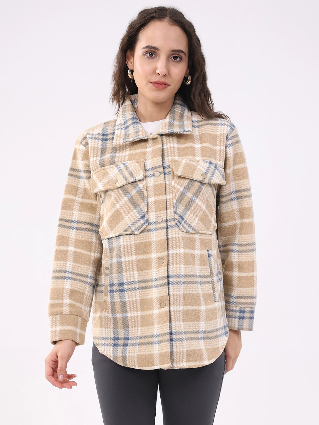Beige Checked Wool Blend Winter Shacket - Global Republic