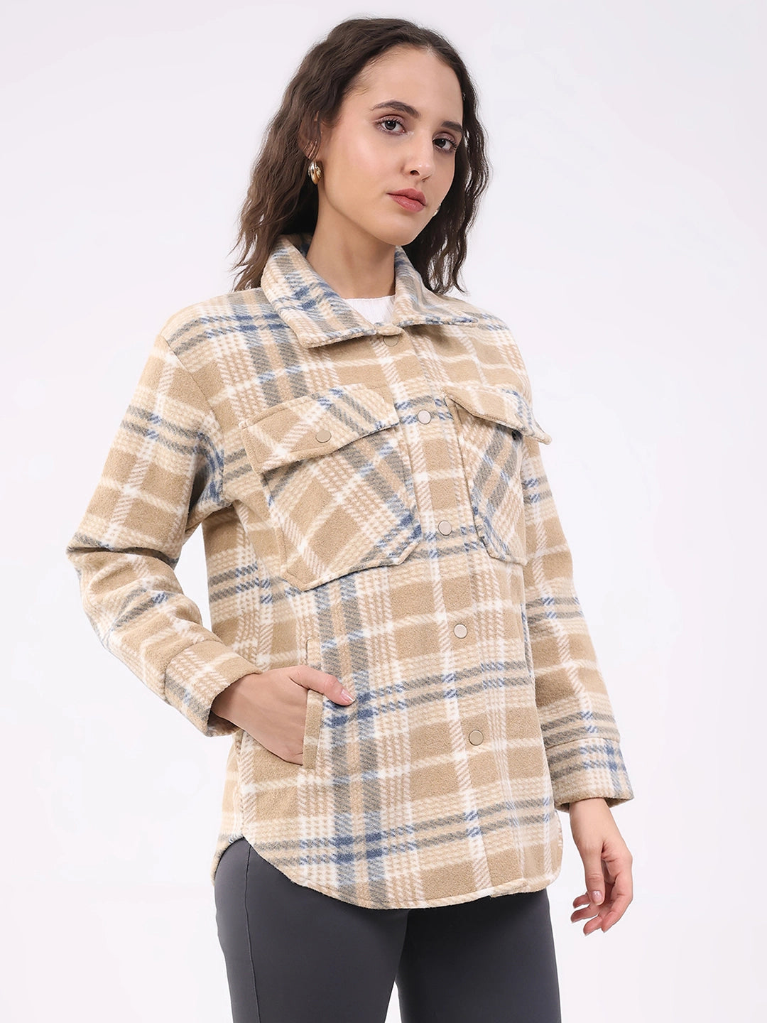 Beige Checked Wool Blend Winter Shacket - Global Republic