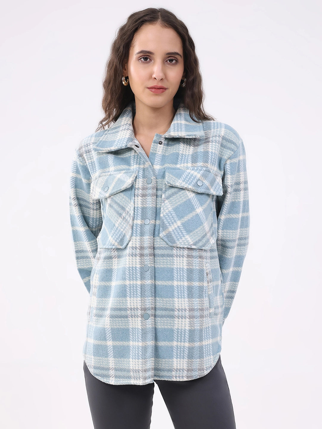 Blue Checked Wool Blend Winter Shacket - Global Republic