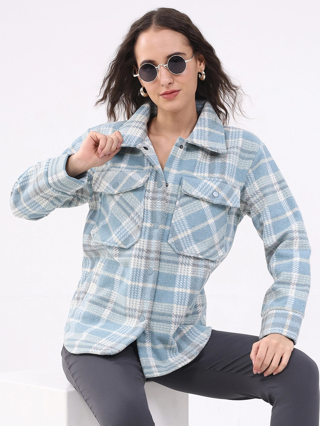 Blue Checked Wool Blend Winter Shacket - Global Republic