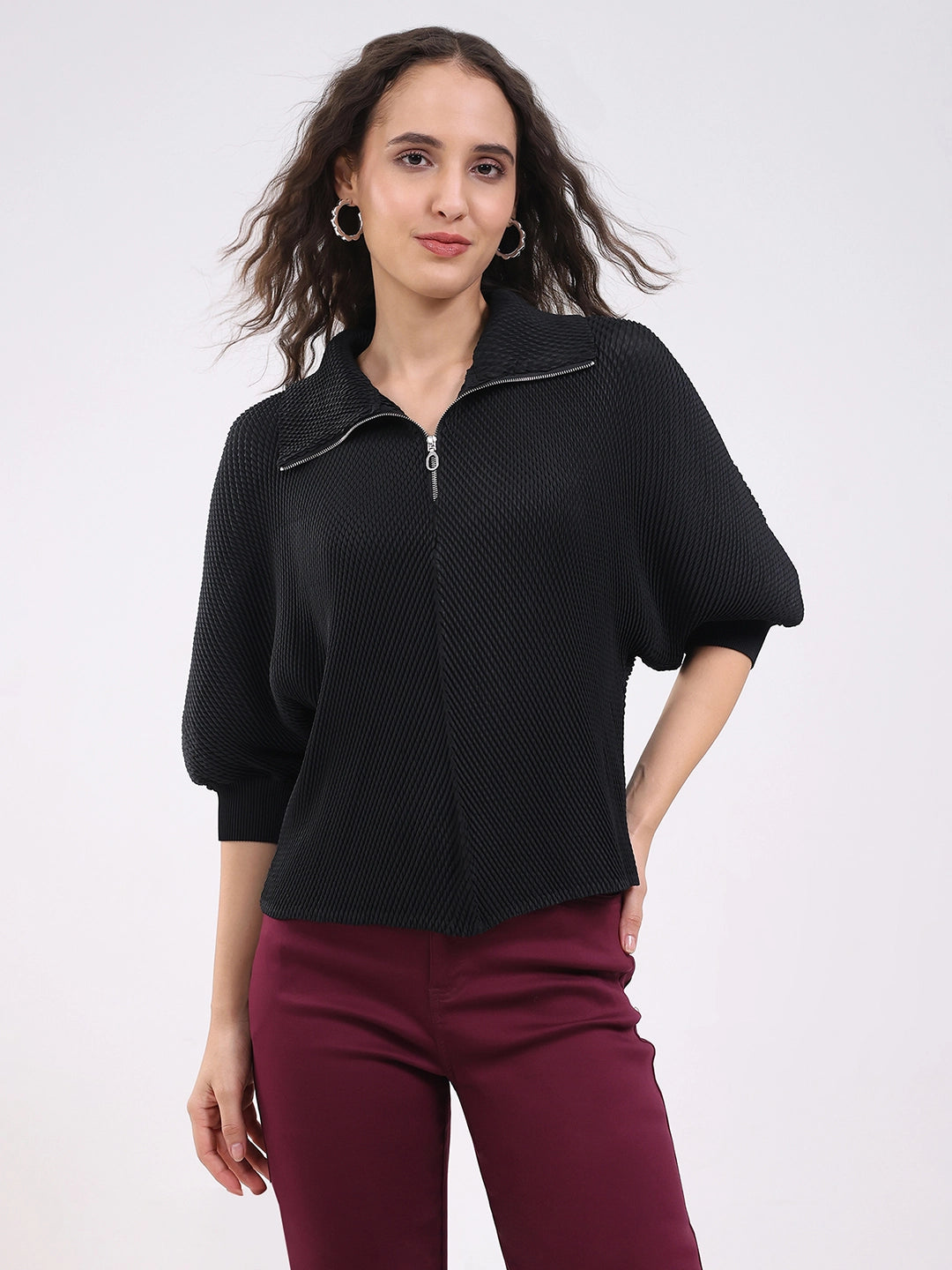 Black Solid Pleated Blouson Top - Global Republic
