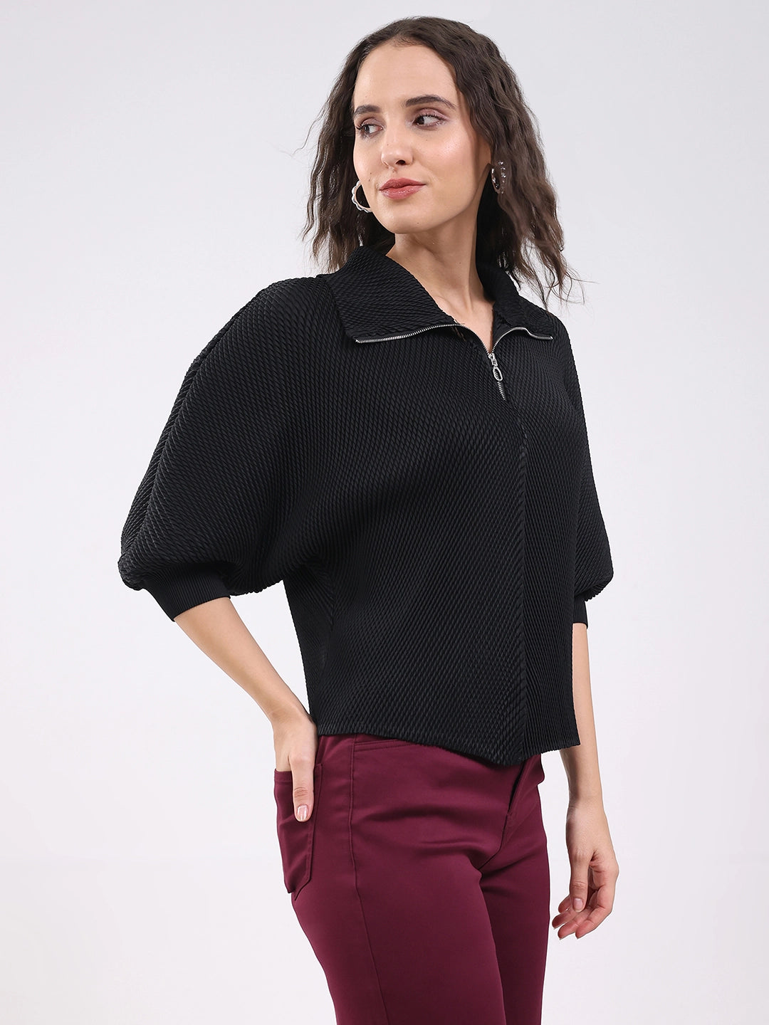 Black Solid Pleated Blouson Top - Global Republic