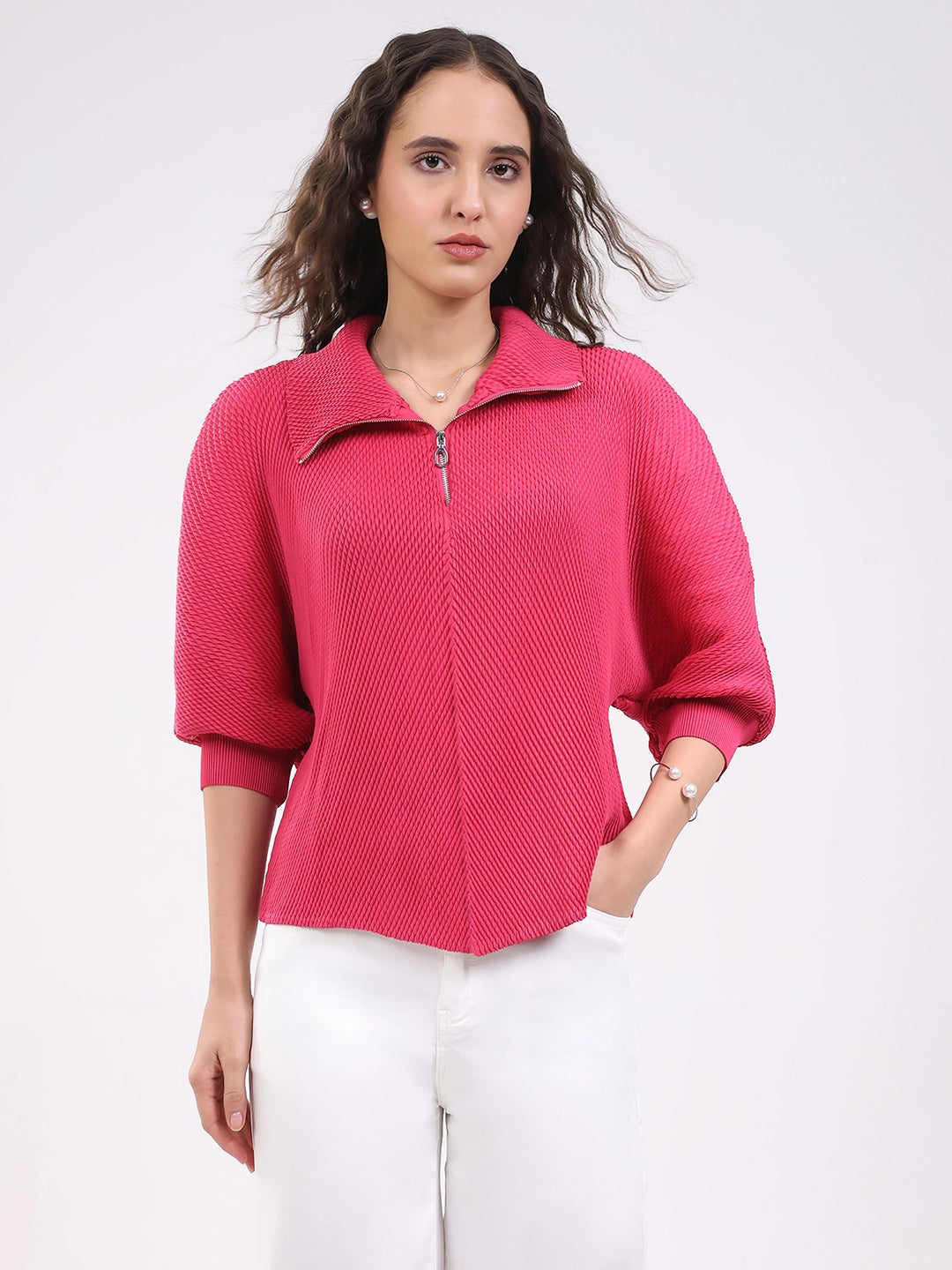 Pink Solid Pleated Blouson Top - Global Republic