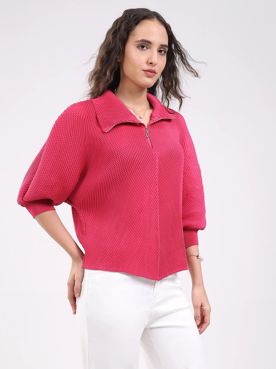 Pink Solid Pleated Blouson Top - Global Republic