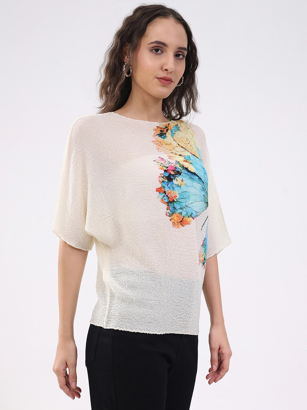 Beige Butterfly Print Stretchable Top - Global Republic