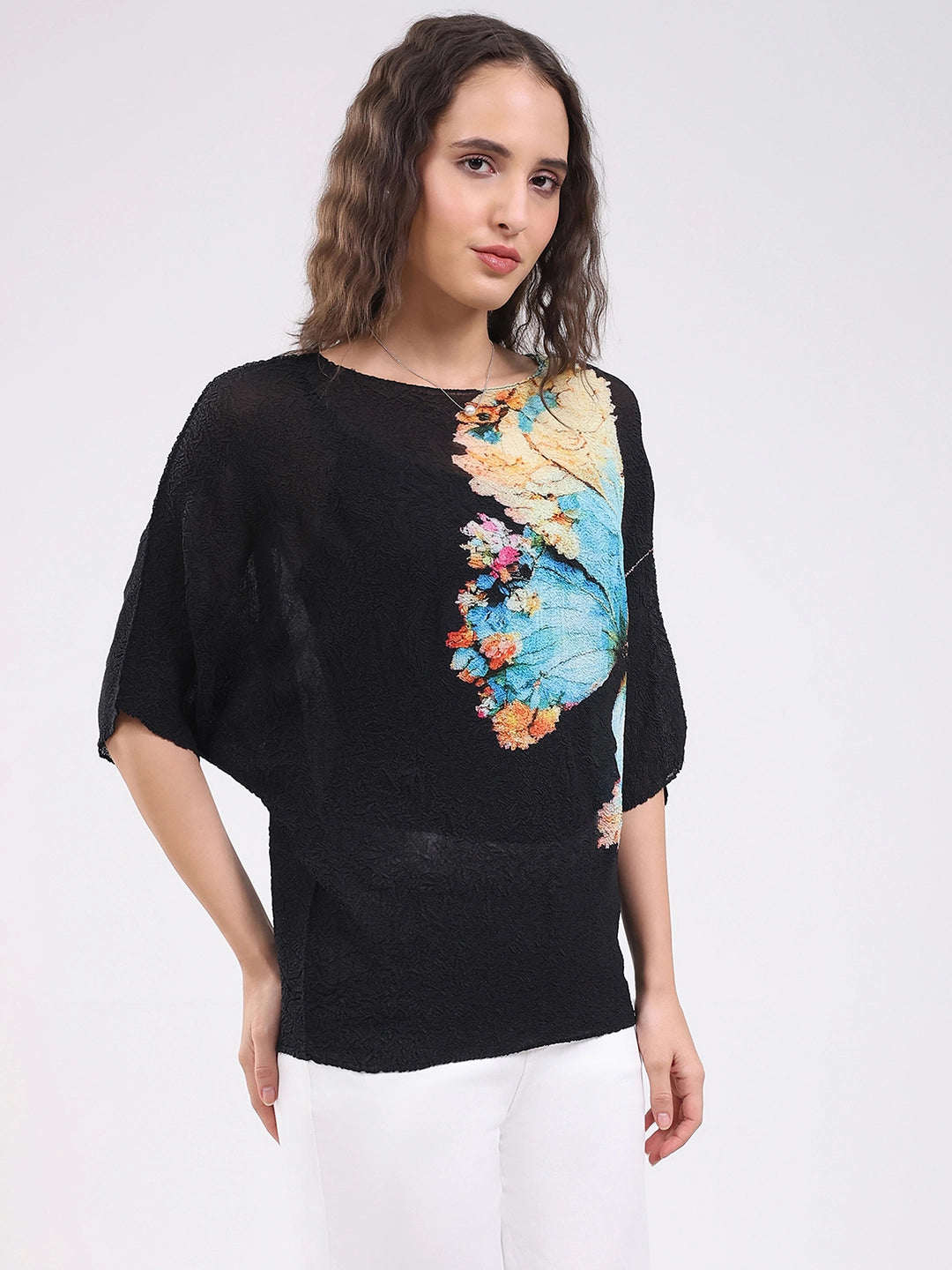 Black Butterfly Print Stretchable Top - Global Republic