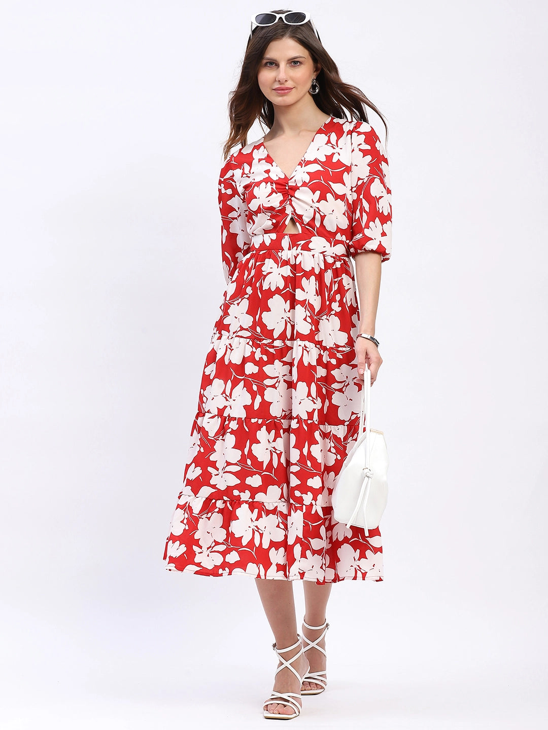 Red & White Floral Tiered Flared Dress - Global Republic