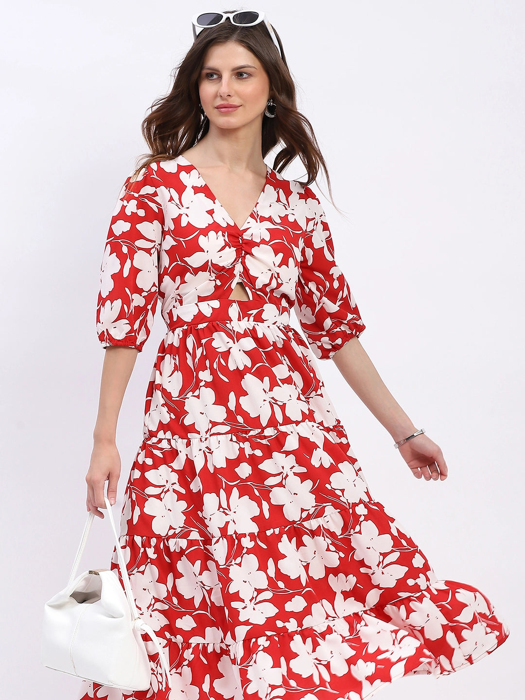 Red & White Floral Tiered Flared Dress - Global Republic