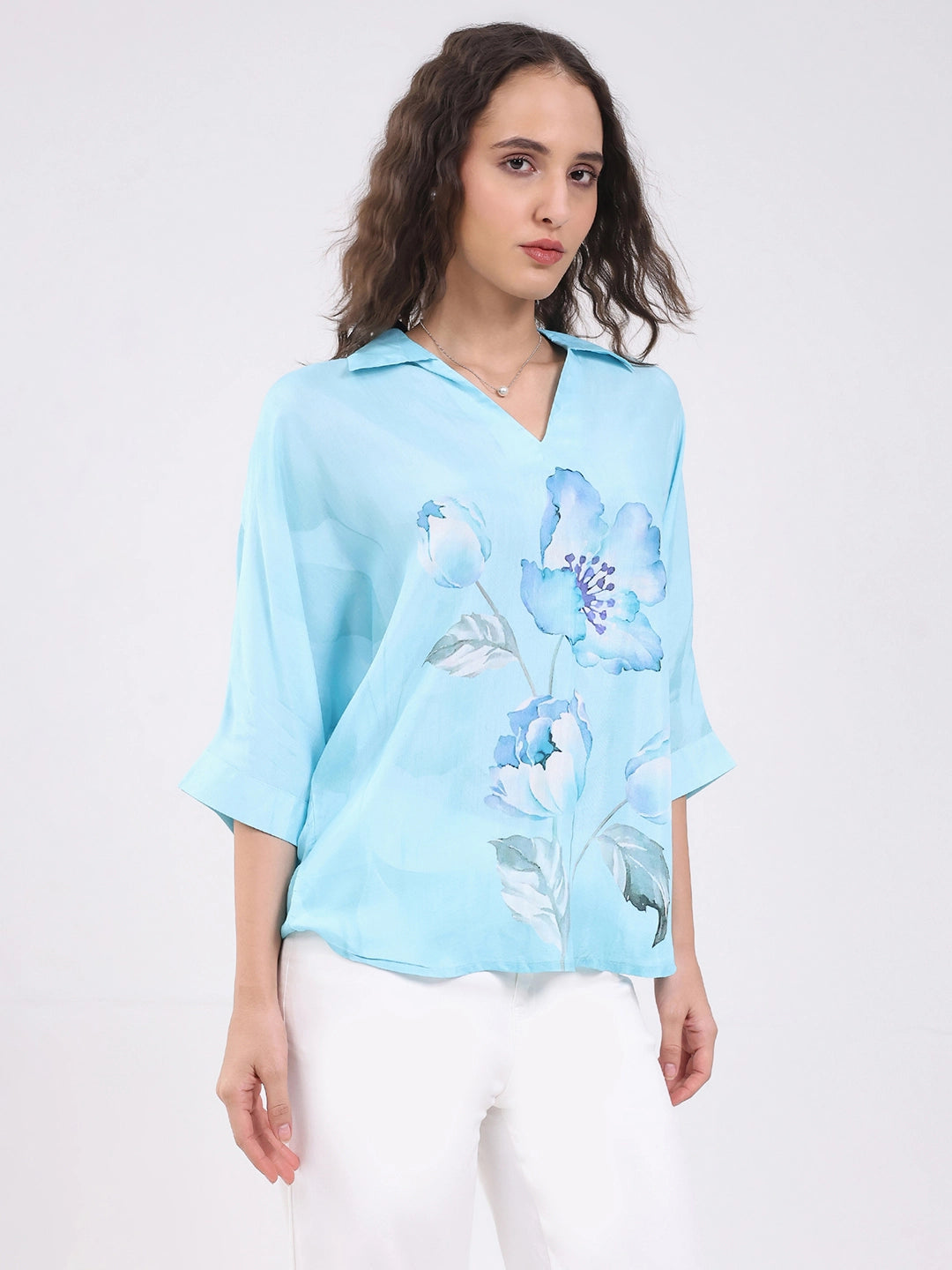 Blue Viscose Floral Loose Top - Global Republic