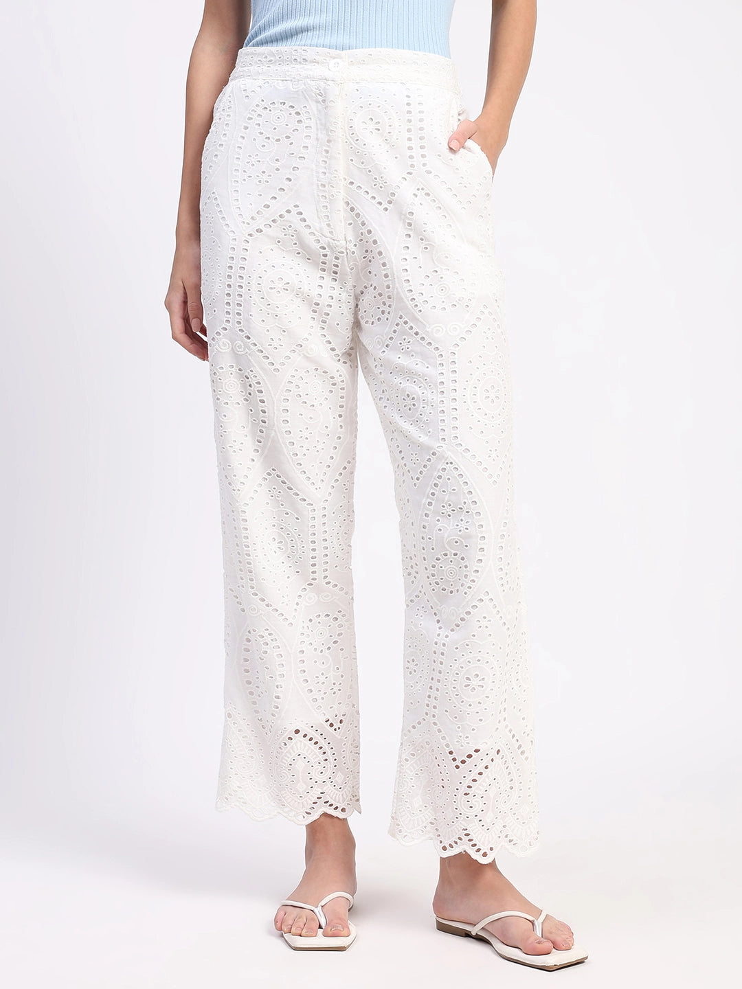 Cream Embroidered Schiffli Trouser - Global Republic