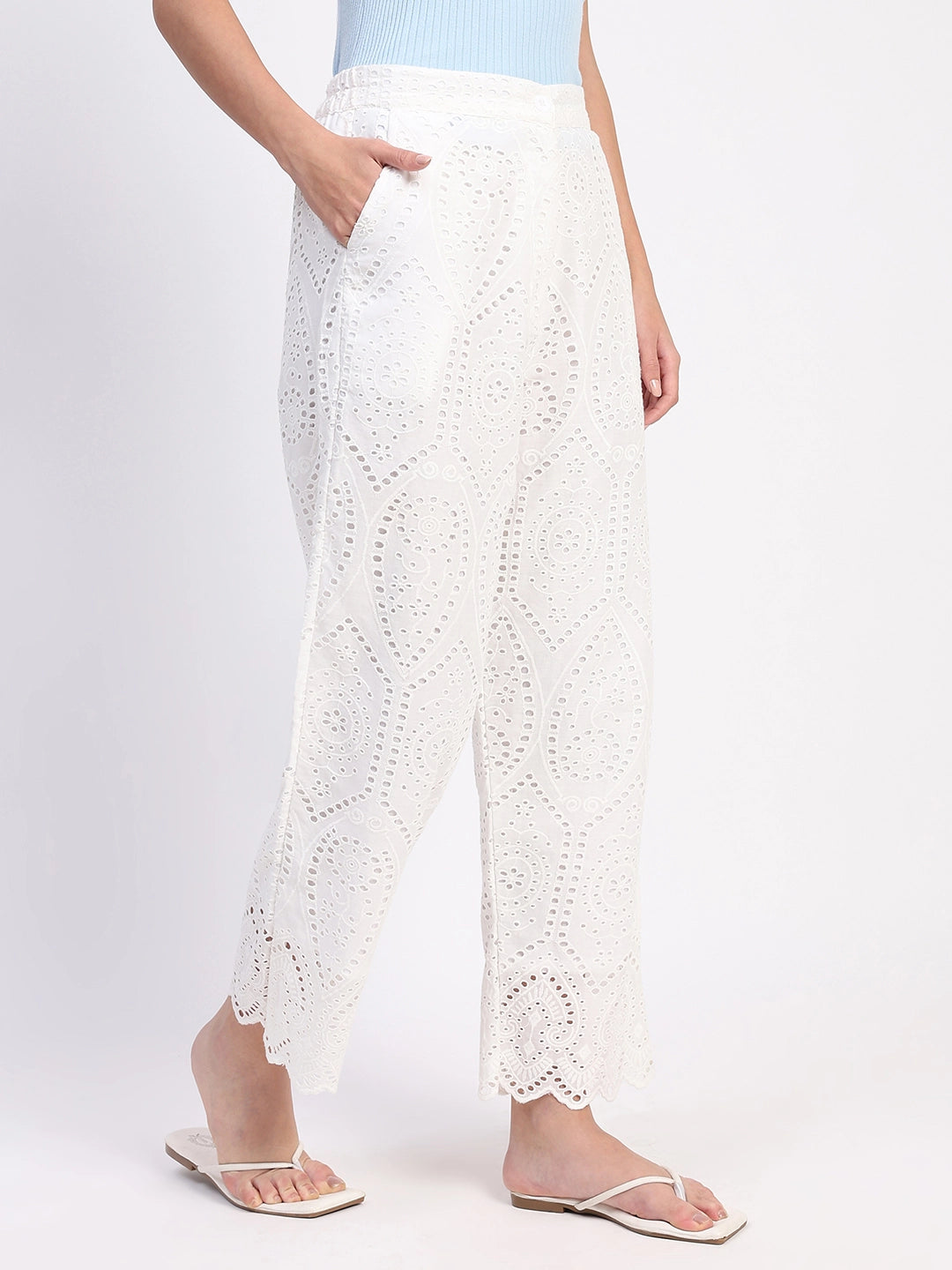Cream Embroidered Schiffli Trouser - Global Republic