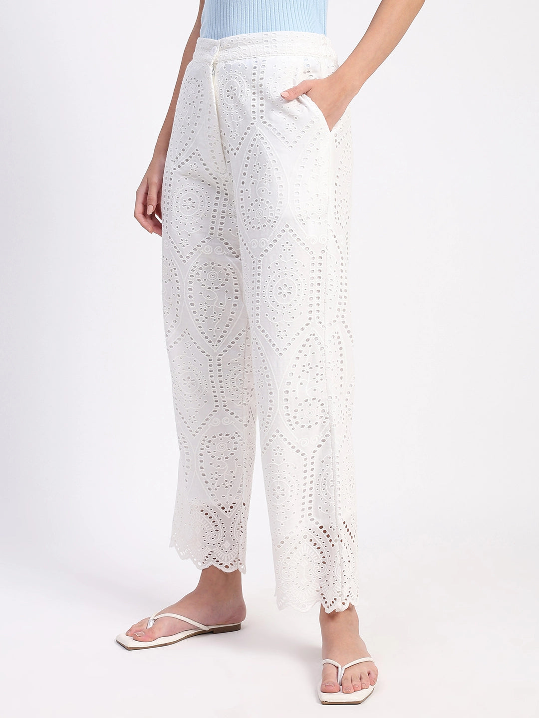 Cream Embroidered Schiffli Trouser - Global Republic