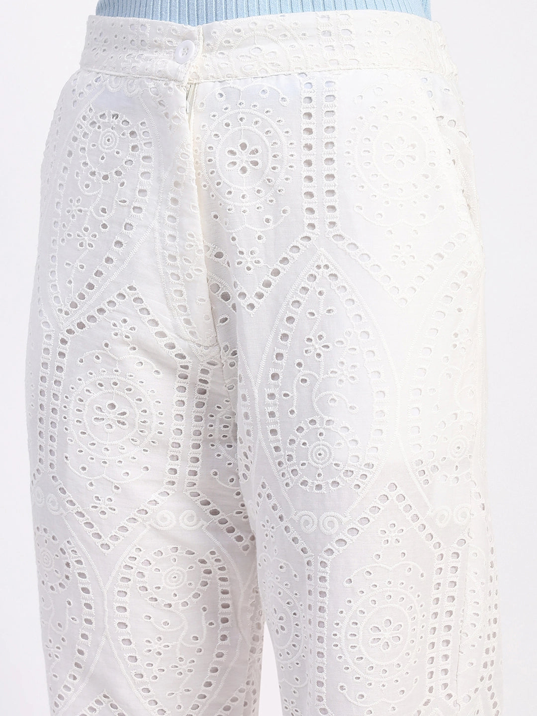Cream Embroidered Schiffli Trouser - Global Republic