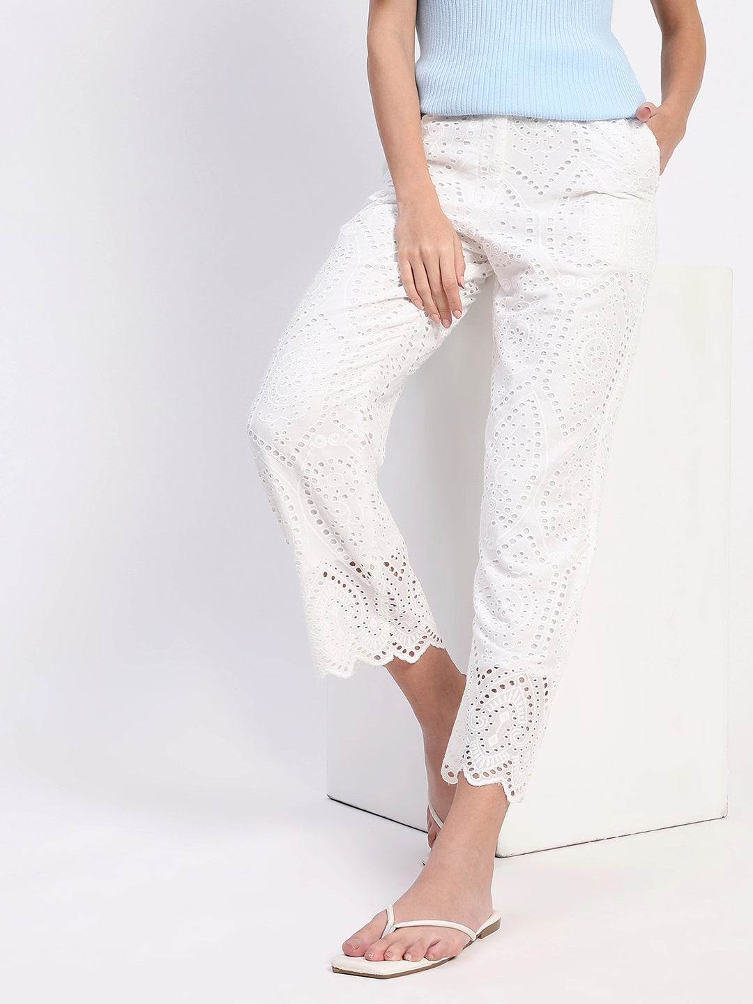 Cream Embroidered Schiffli Trouser - Global Republic