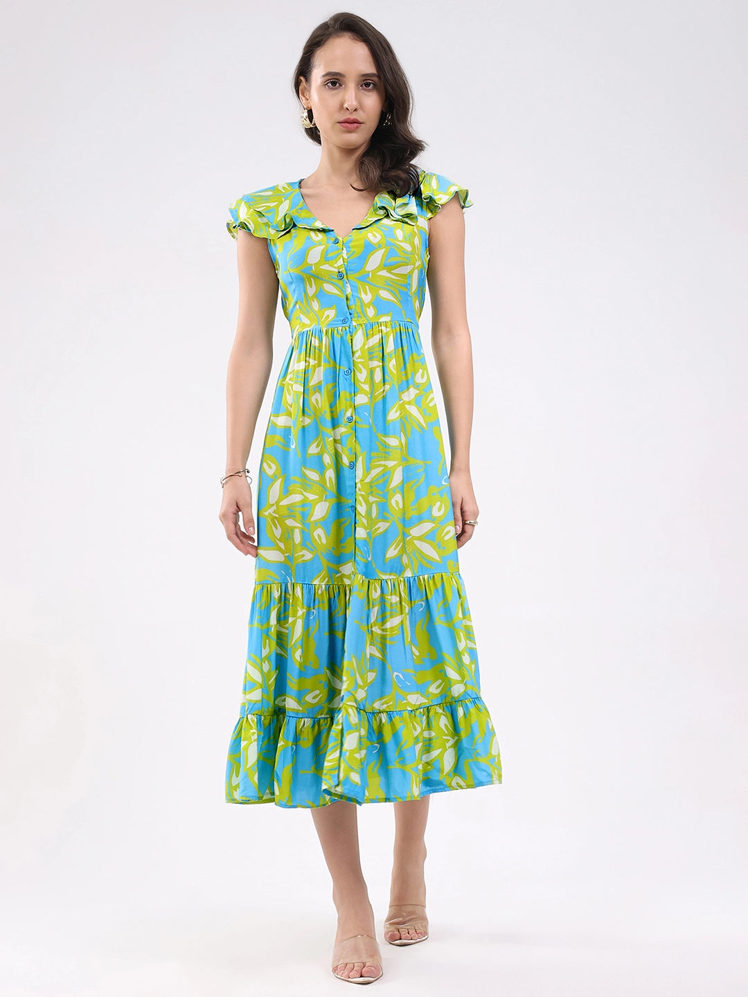 Sky & Lime Abstract Tiered Midi Dress - Global Republic