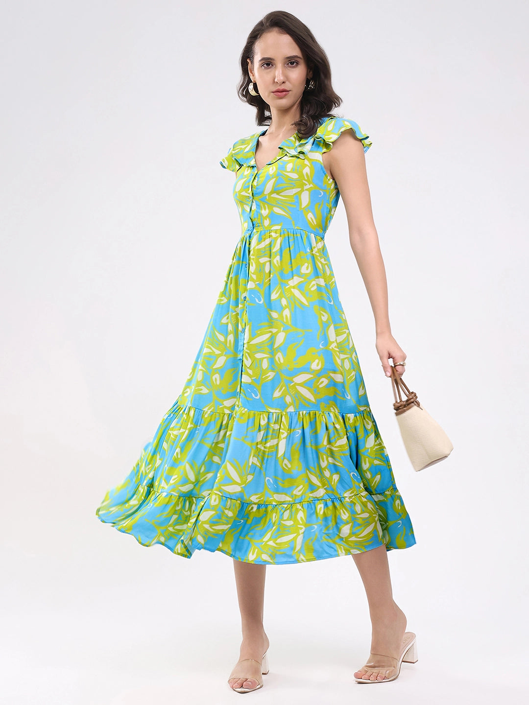 Sky & Lime Abstract Tiered Midi Dress - Global Republic