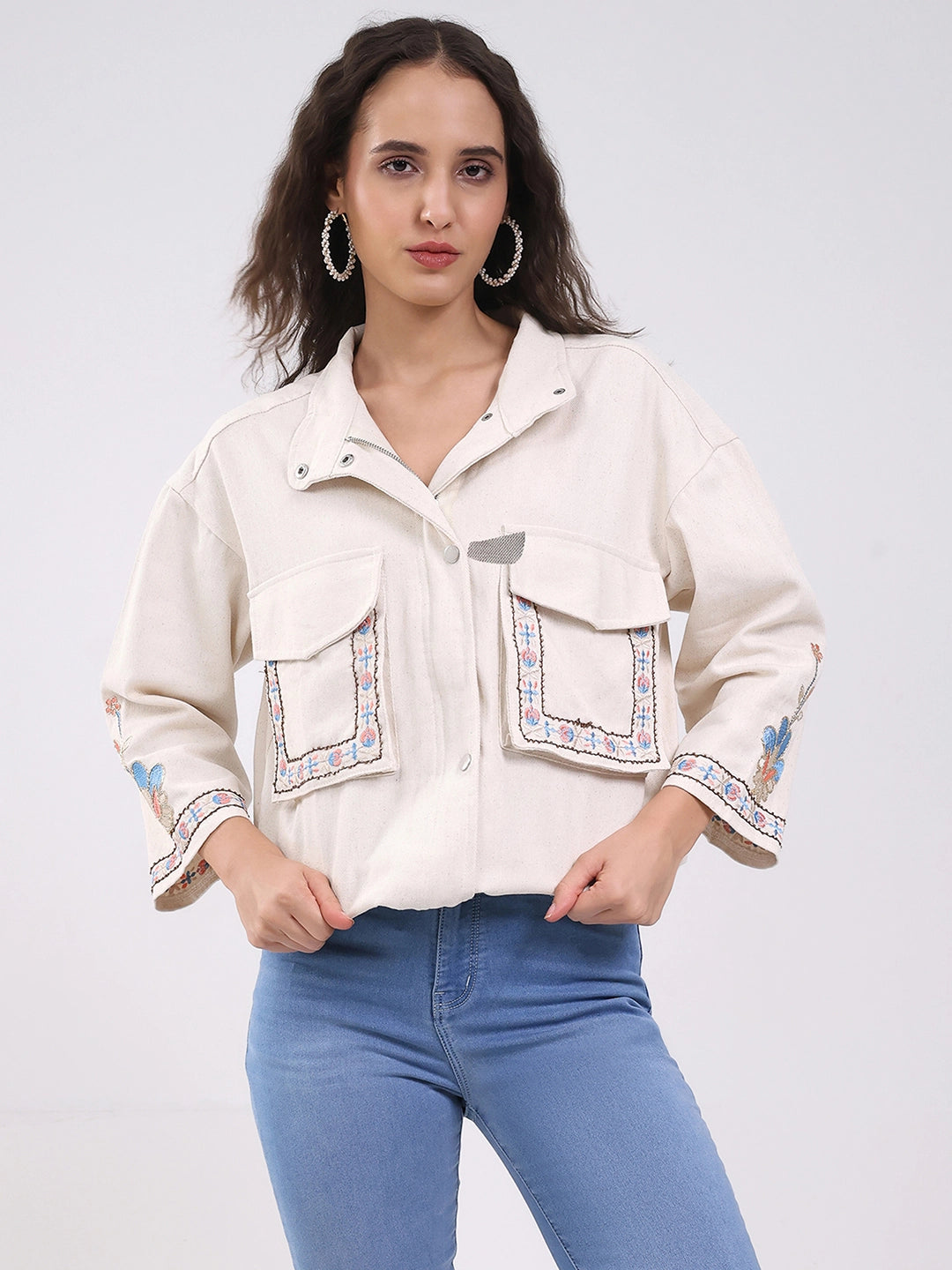 Beige Oversized Embroidered Cotton Shacket - Global Republic