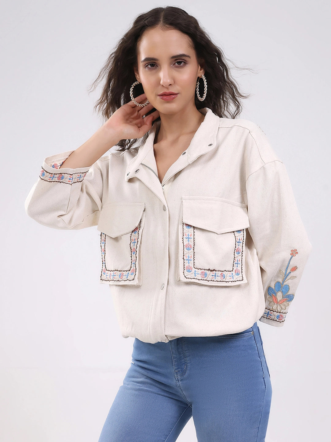 Beige Oversized Embroidered Cotton Shacket - Global Republic