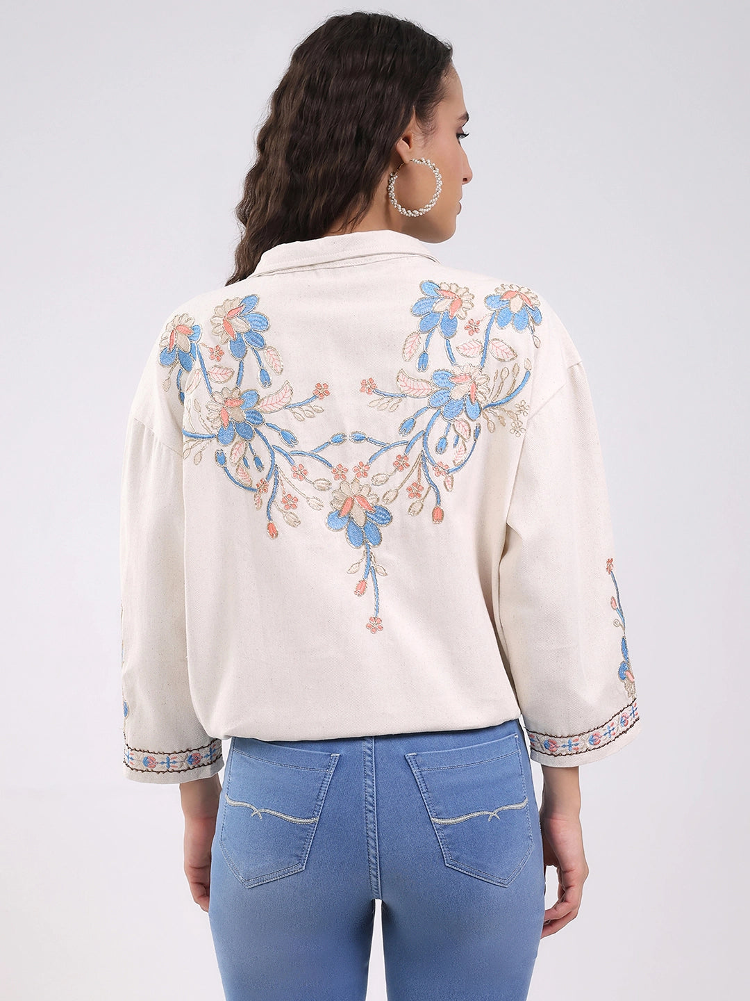 Beige Oversized Embroidered Cotton Shacket - Global Republic